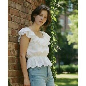 Express White Eyelet Peplum Top Open Back Ruffle Coquette Medium NWT